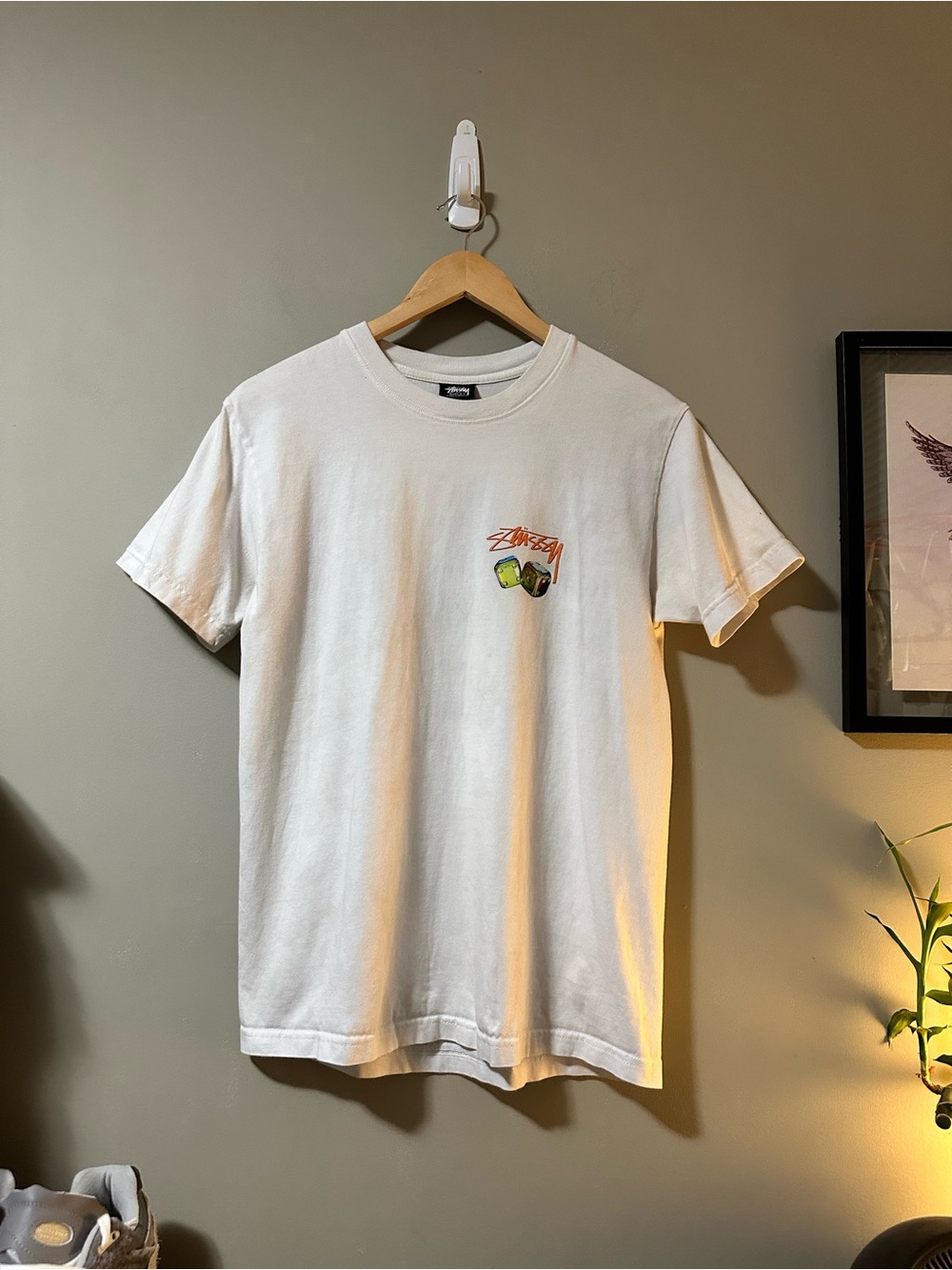 Stussy White Tee with Orange Logo and Green Graphic